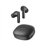 Close up view of QCY T13 Pro ANC earbud stem with AI ENC microphone and ergonomic ear tip