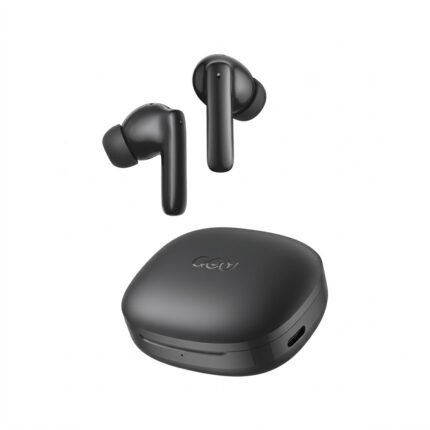 Close up view of QCY T13 Pro ANC earbud stem with AI ENC microphone and ergonomic ear tip